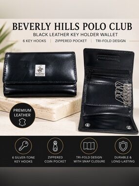 Beverly Hills Polo Club Black Leather Key Holder Wallet Case 6-Hook New